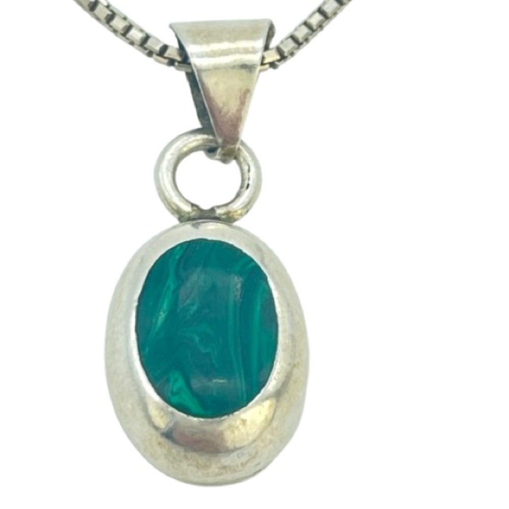 Vintage Silver Green Oval Malachite Pendant & Necklace 925 Sterling Jewelry - Picture 6 of 14